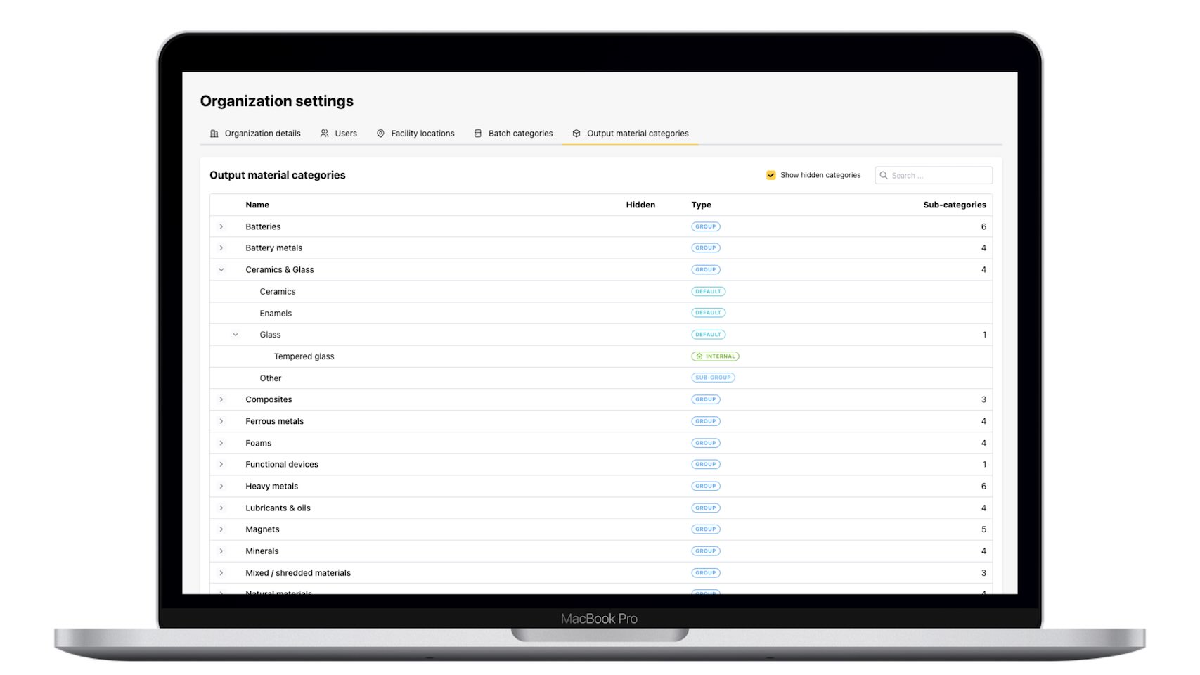 Organization settings page on a laptop screen showing a configurable list of output material categories