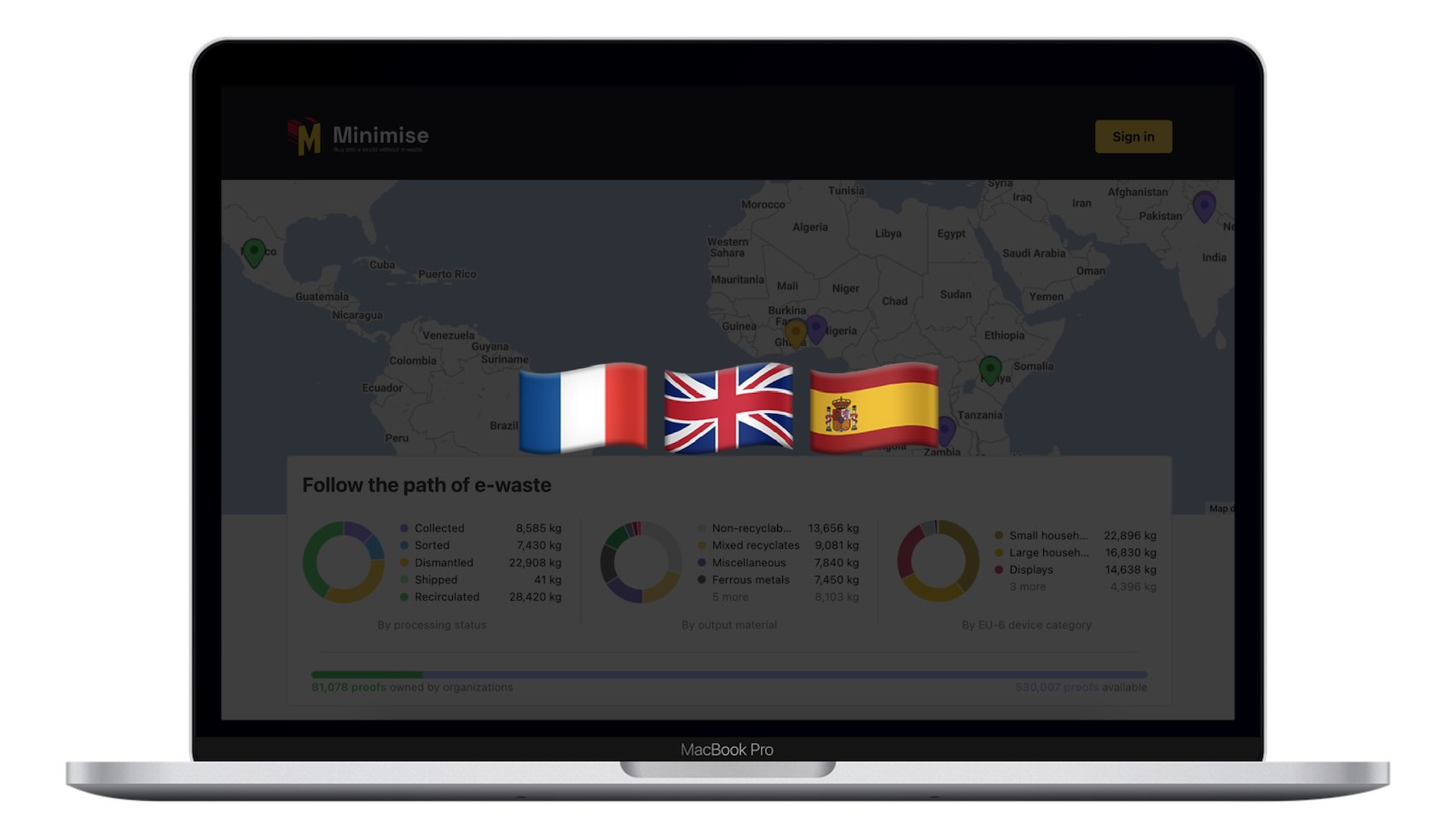 Minimise platform dashboard on a laptop screen with French, British, and Spanish flags overlaid on the map