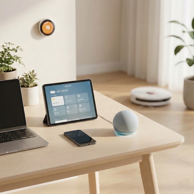 A living room showing several modern electronic devices like a notebook, a tablet, a smartphone, and a smart voice assistant