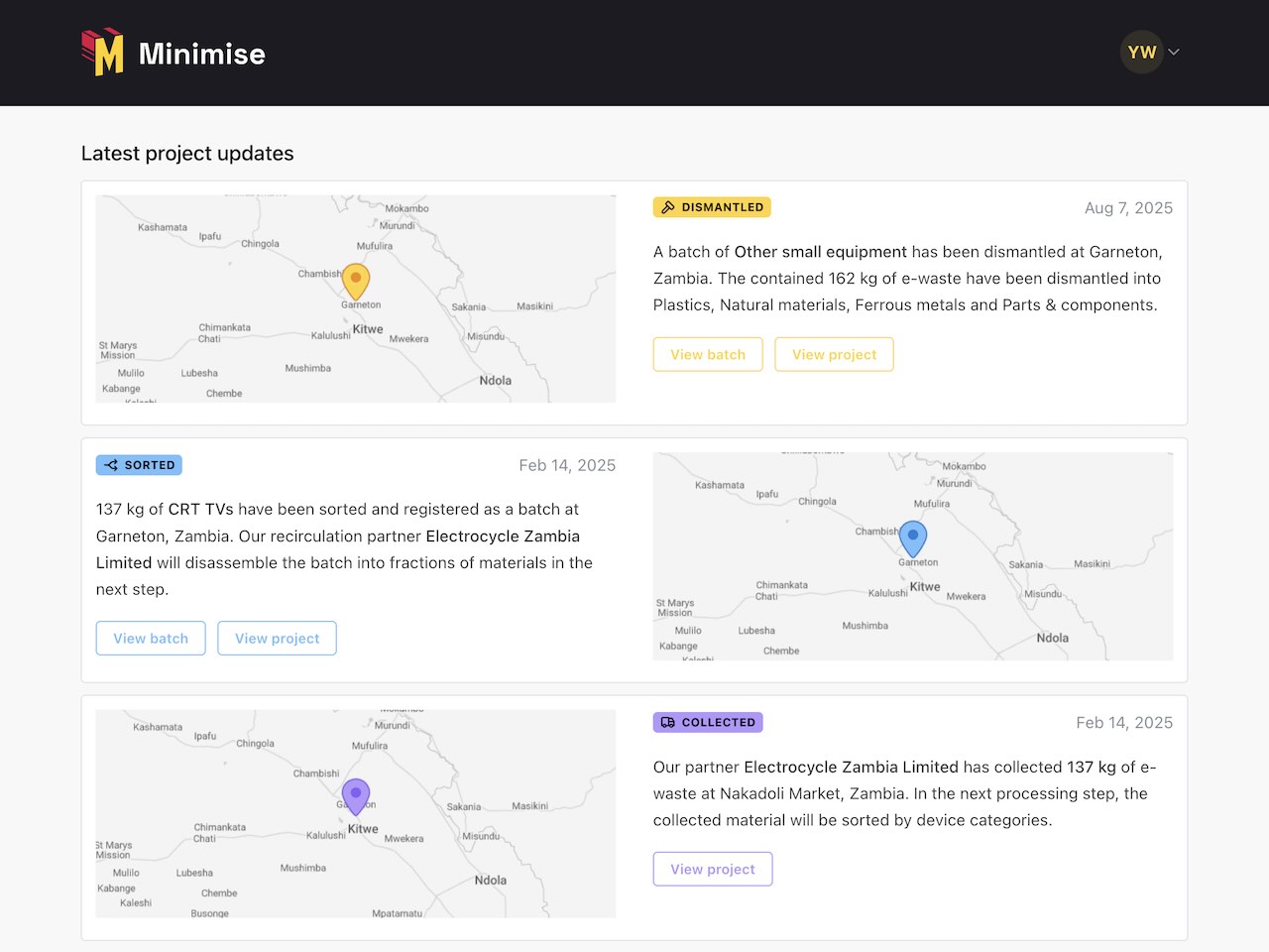 A screenshot of the Minimise web app homepage, showing recent project updates for collected, sorted, and dismantled e-waste with locations, dates, and material details
