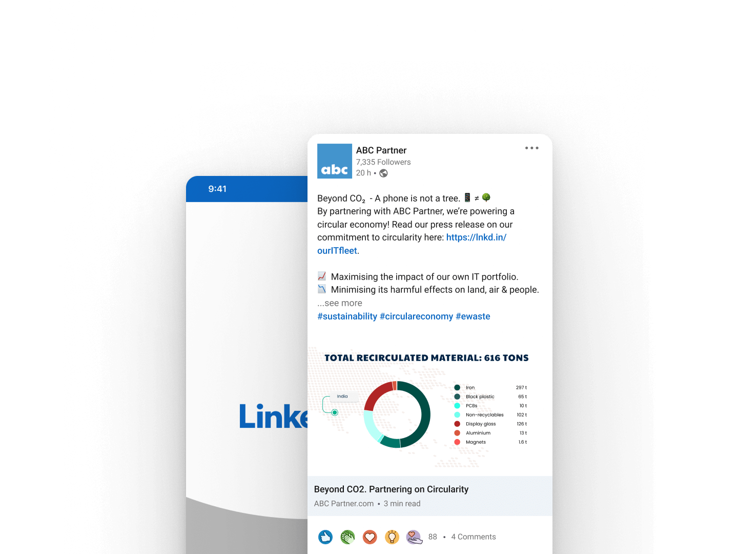 Two smartphone screens layered on top off each other: The one in the back shows the LinkedIn logo, the front one shows a LinkedIn post for "ABC Systems" about collected material, including a donut chart